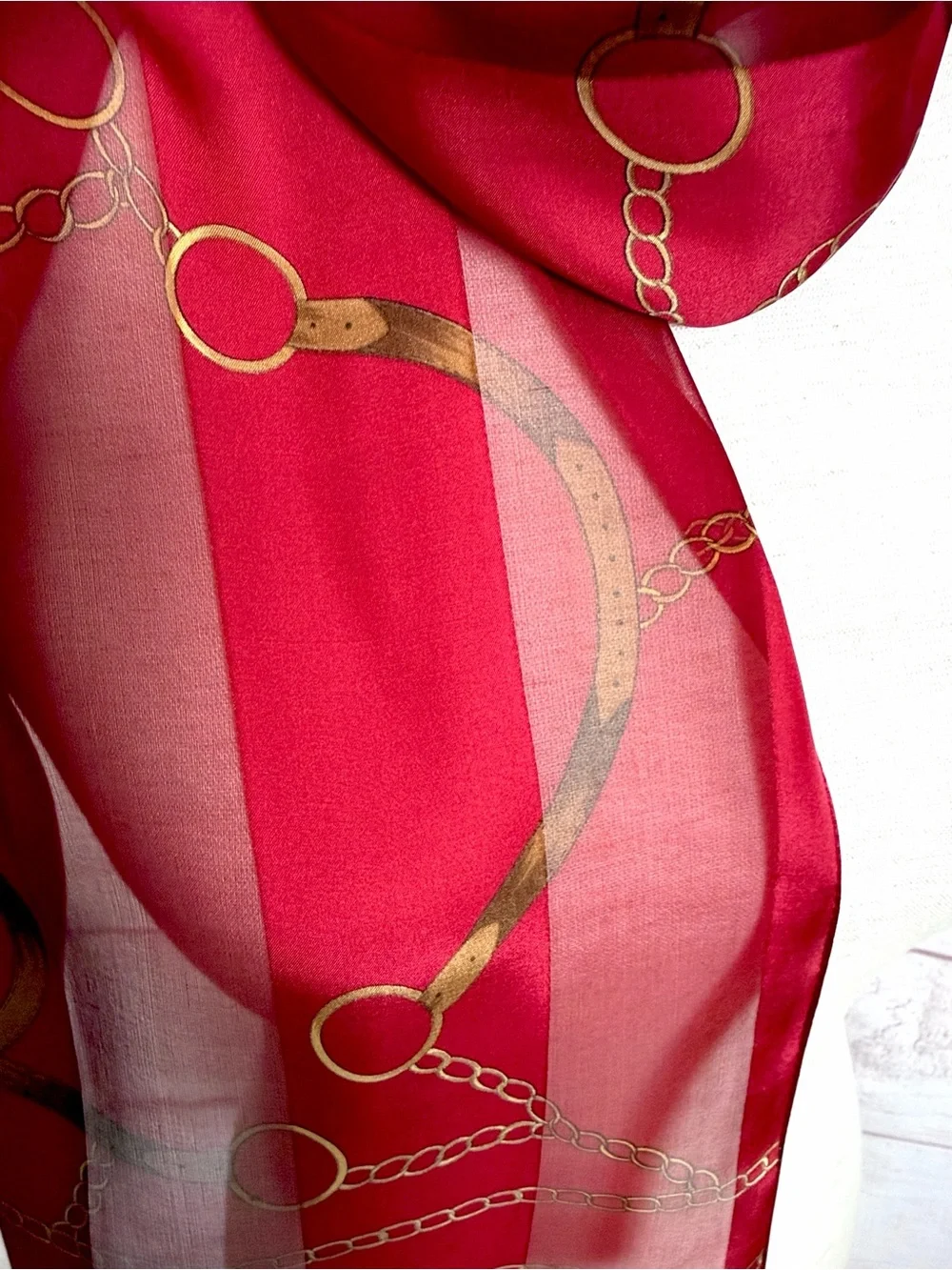 ECHO Silk Scarf Red Burgundy Equestrian Belt Chain Print Chiffon Satin